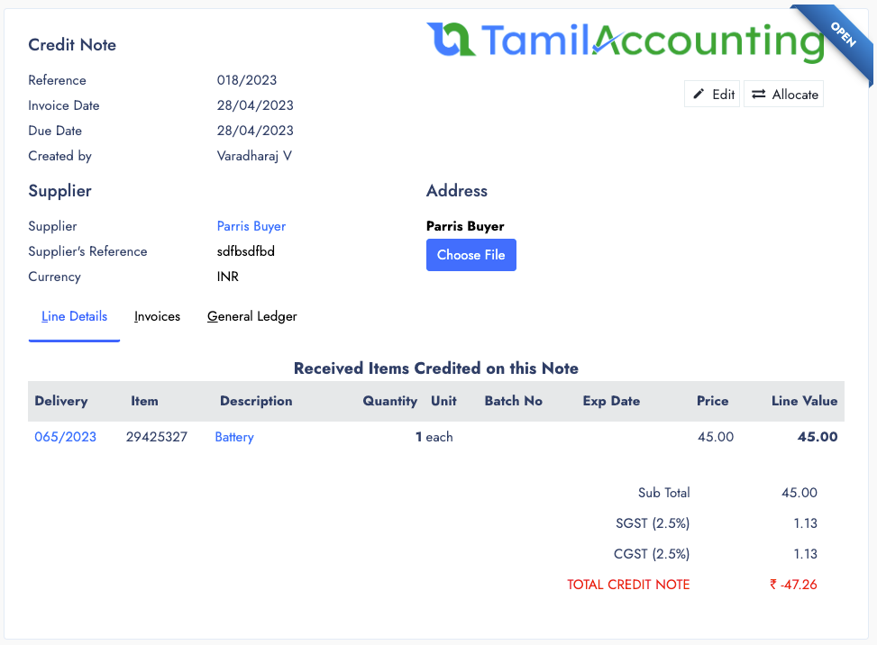Supplier Debit Note