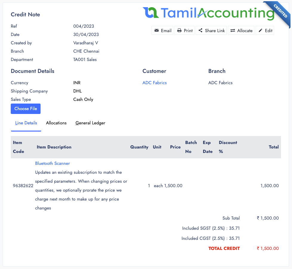 Sales Credit Note