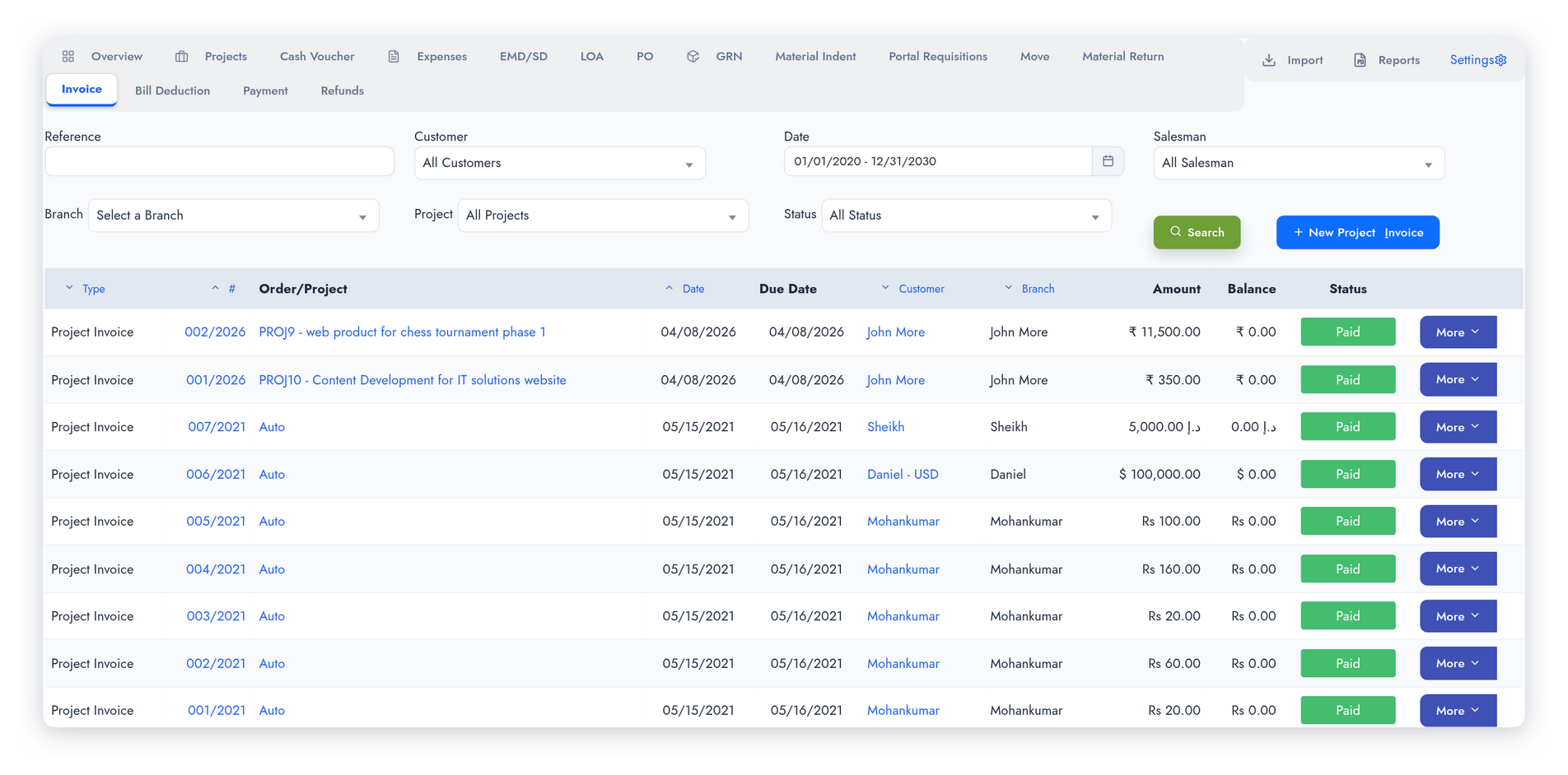 Project Invoice list — all customers, all currencies (INR, USD, AED) with Order/Project link, due dates, balance and Paid status