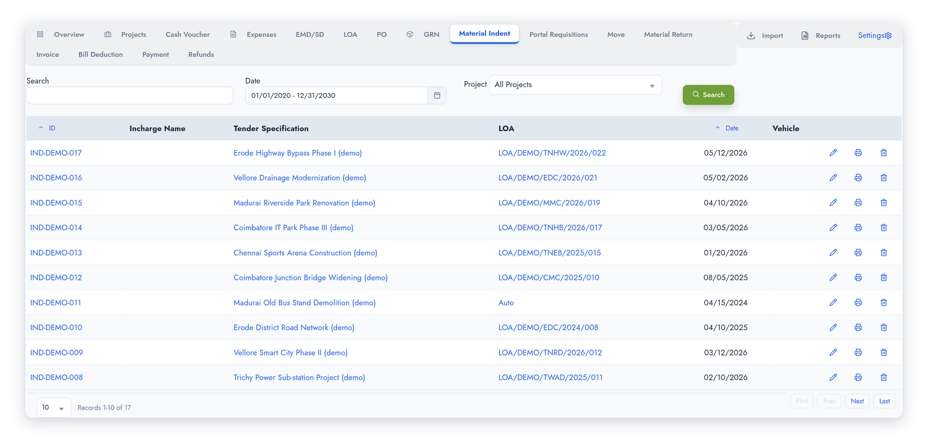 Material Indent list — 17 indents across projects (Erode Highway Bypass, Vellore Drainage Modernization, Madurai Riverside Park, Coimbatore IT Park, Chennai Sports Arena, Trichy Power Sub-station) linked to their LOA references and vehicle