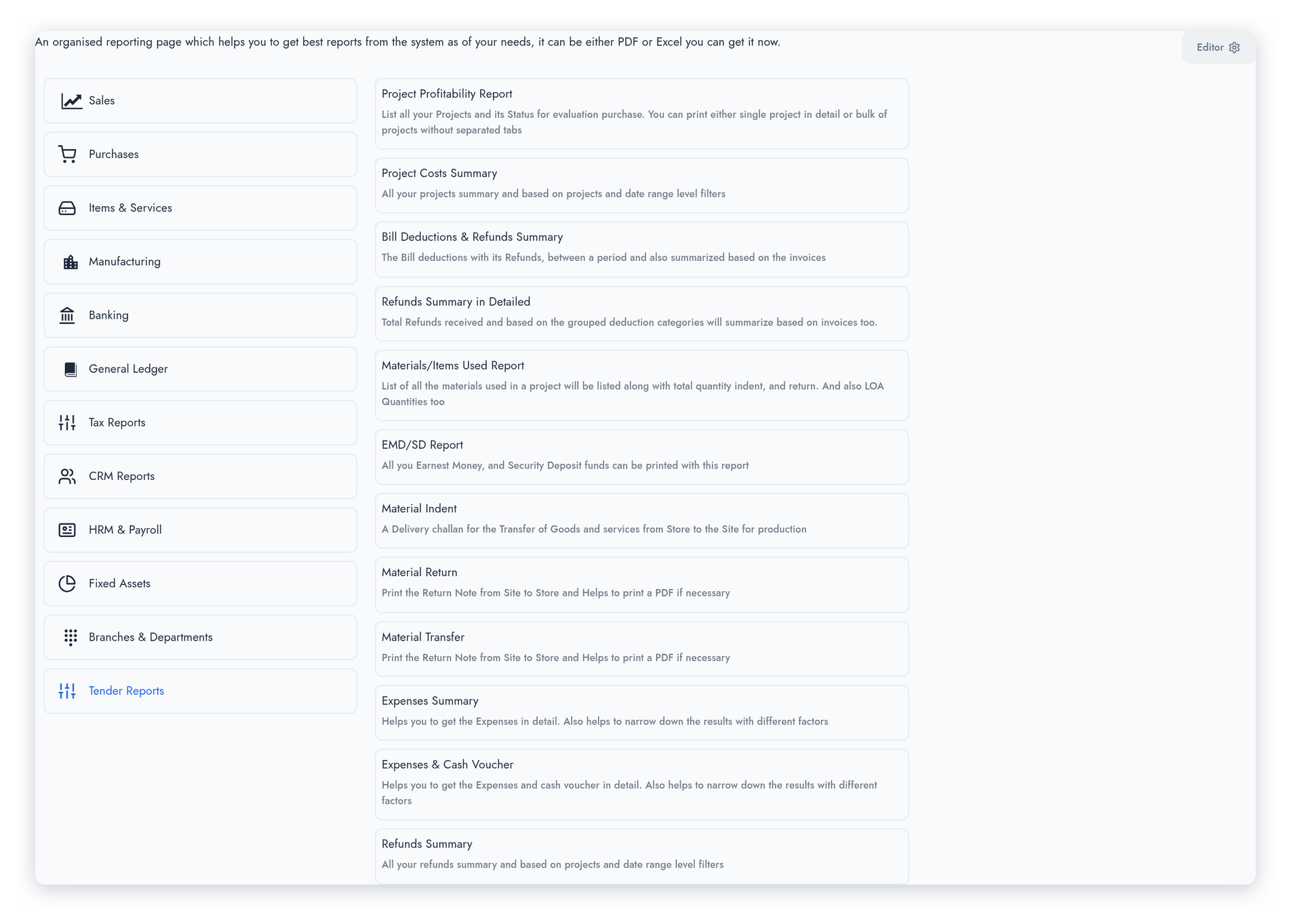 Tender Reports menu — Project Profitability, Project Costs Summary, Bill Deductions & Refunds, Materials/Items Used, EMD/SD Report, Material Indent, Material Return